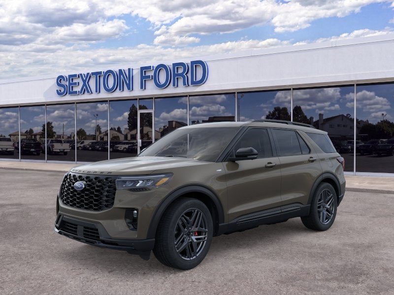 2026 Ford Explorer ST-Line in Marsh Gray — front three-quarter view